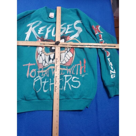 Vintage Taz Refuses To Play Well With Others Wild Thing Sweatshirt L 1995 Teal - Picture 6 of 15